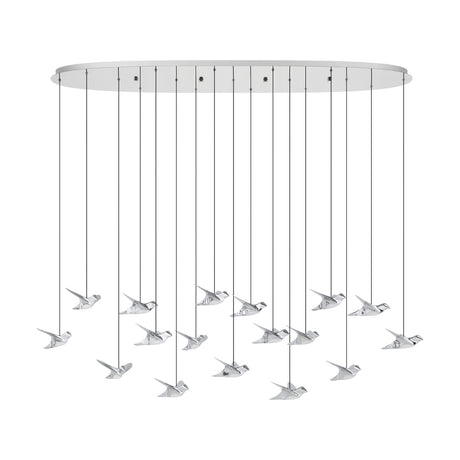 Paratebueno linear pendant light with 17 chrome bird-shaped shades suspended at varying heights from an oval ceiling plate, shown against a plain white background.