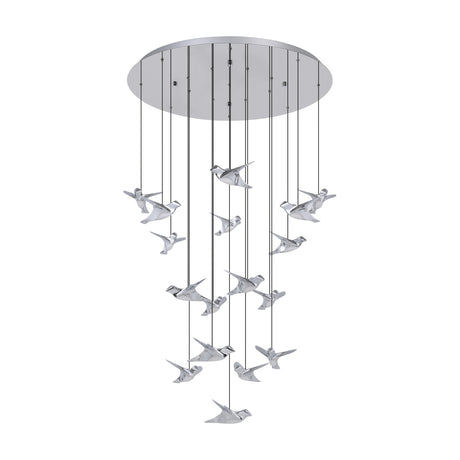 Paratebueno 17 light pendant in chrome, a round steel ceiling canopy suspending bird-shaped LED shades at staggered heights on fine wires, shown on a plain white background.