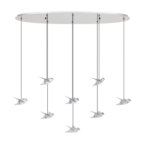 Paratebueno 8-light linear pendant light in chrome, oval canopy with eight bird-shaped steel and plastic shades suspended at staggered heights, shown on a plain white background.