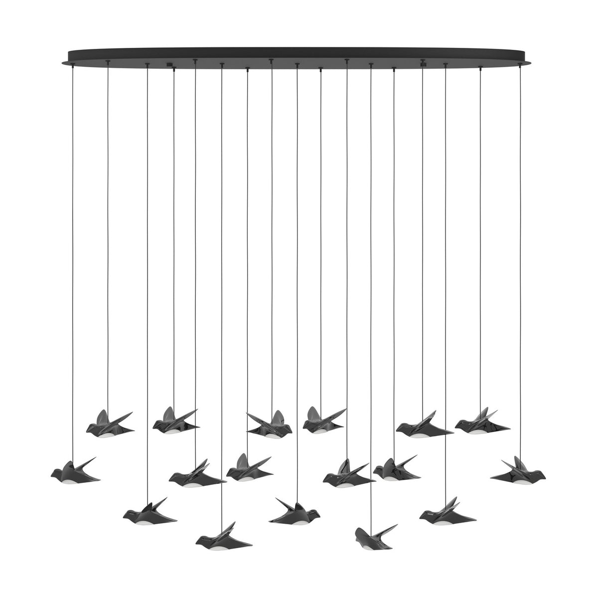 Paratebueno 17 Light Linear Pendant Light in black, oval canopy with bird-shaped shades in dark nickel finish and white diffusers, shown on a plain white background.