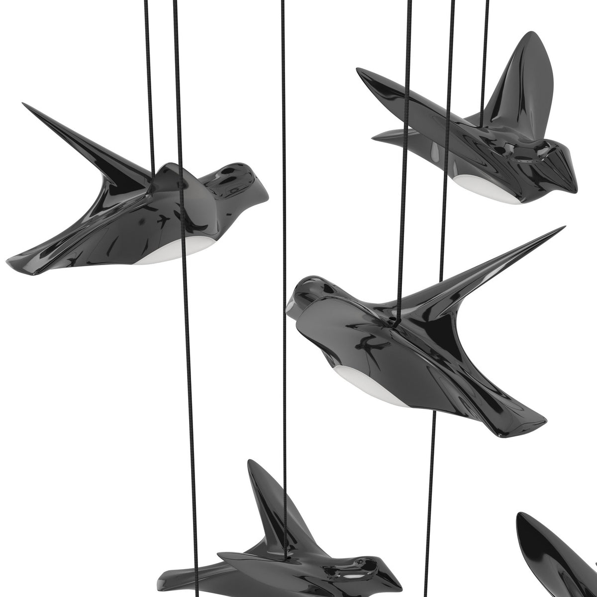 Paratebueno 17 Light Linear Pendant Light in black, close-up of bird-shaped fixtures with glossy nero finish and white diffusers, suspended on black cords against a white background.