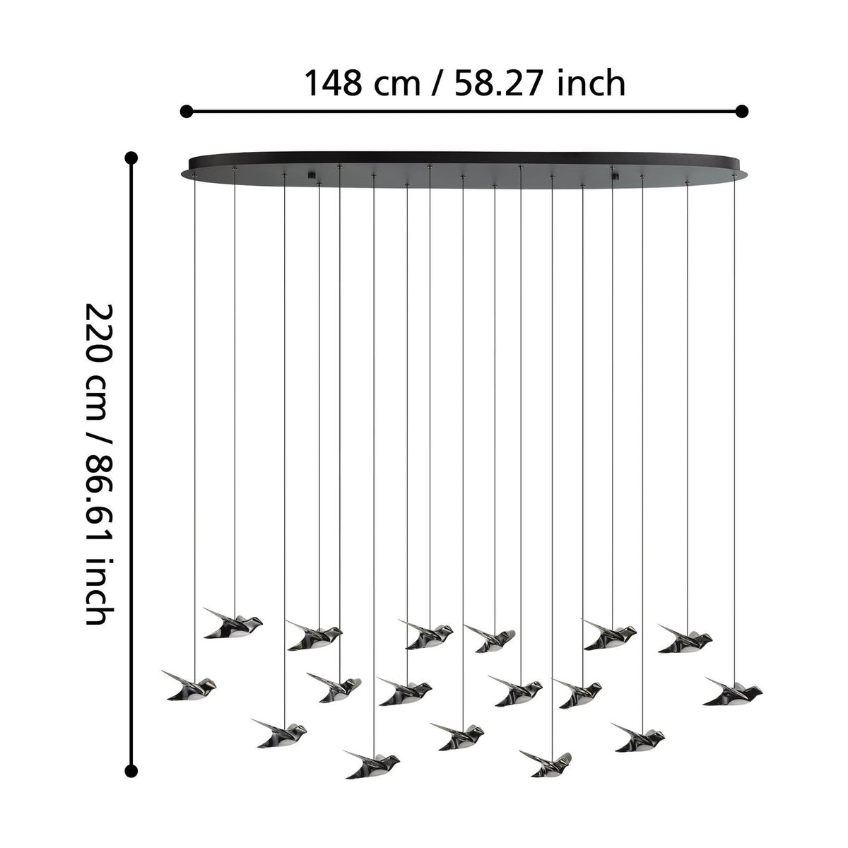 Paratebueno 17 Light Linear Pendant in black, oval canopy suspending bird-shaped dark nickel shades on thin cords, shown with size diagram 148cm wide, 220cm height.