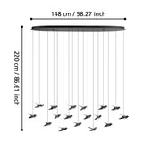 Paratebueno 17 Light Linear Pendant in black, oval canopy suspending bird-shaped dark nickel shades on thin cords, shown with size diagram 148cm wide, 220cm height.