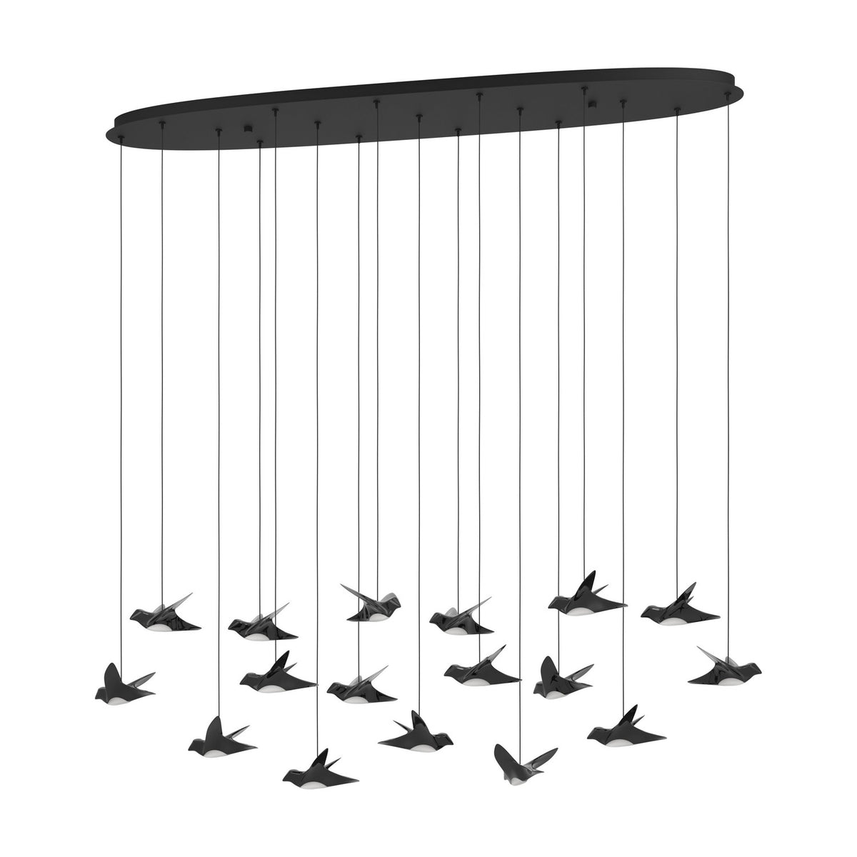 Paratebueno 17 Light Linear Pendant Light in black, an oval canopy suspending bird-shaped shades in dark nickel-nero finish with white diffusers, shown against a plain white background.