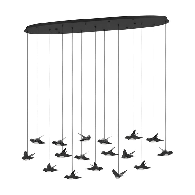 Paratebueno 17 Light Linear Pendant Light in black, an oval canopy suspending bird-shaped shades in dark nickel-nero finish with white diffusers, shown against a plain white background.