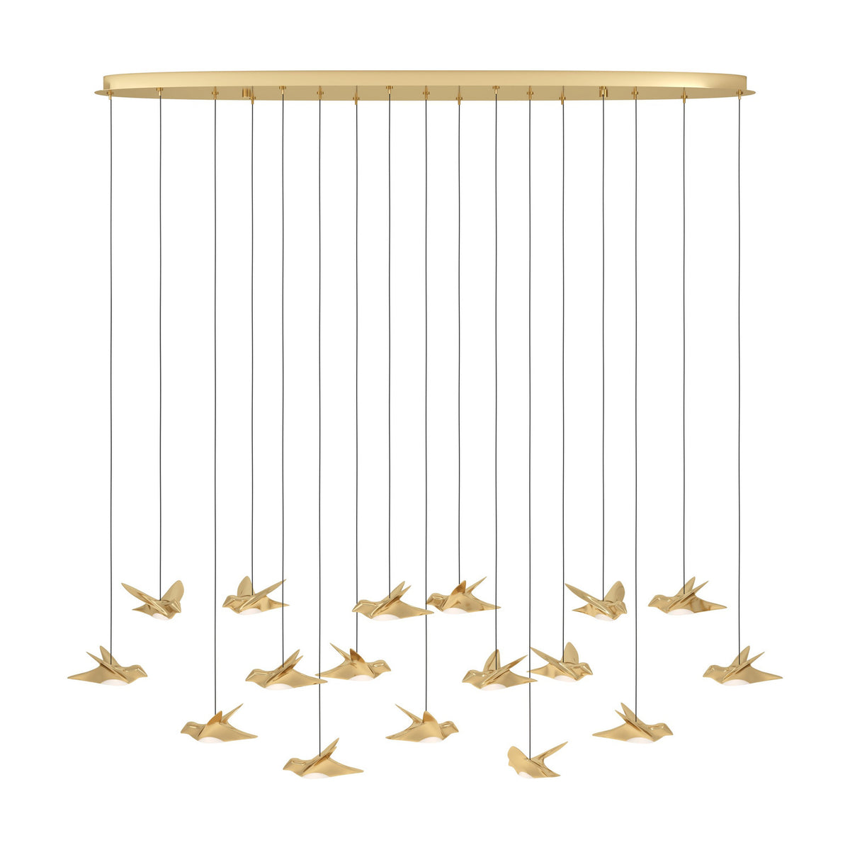 Paratebueno 2 linear pendant light with an oval brass canopy and seventeen bird-shaped shades hanging at varying heights, shown on a plain white background.