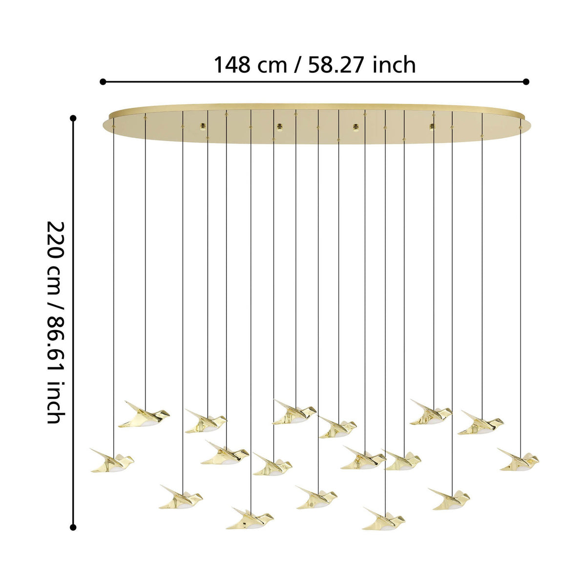 Paratebueno 2 linear pendant light with oval brass canopy and seventeen bird-shaped shades at staggered heights, shown with size dimensions of 148cm long and 220cm high on a white background.