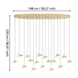 Paratebueno 2 linear pendant light with oval brass canopy and seventeen bird-shaped shades at staggered heights, shown with size dimensions of 148cm long and 220cm high on a white background.