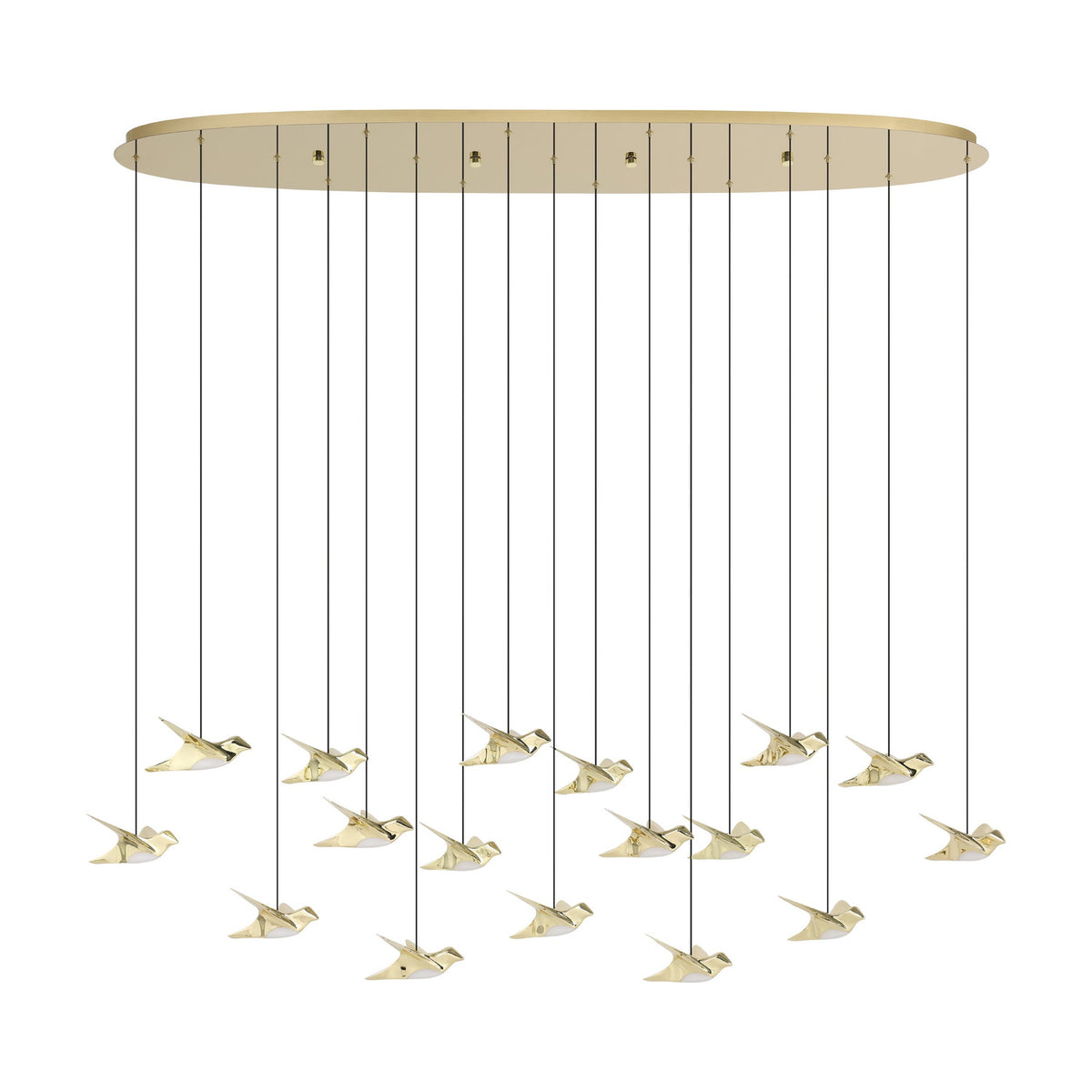 Paratebueno 2 linear pendant light with a long oval brass canopy and seventeen bird-shaped LED shades in brass finish hanging at varied heights, shown on a white background.