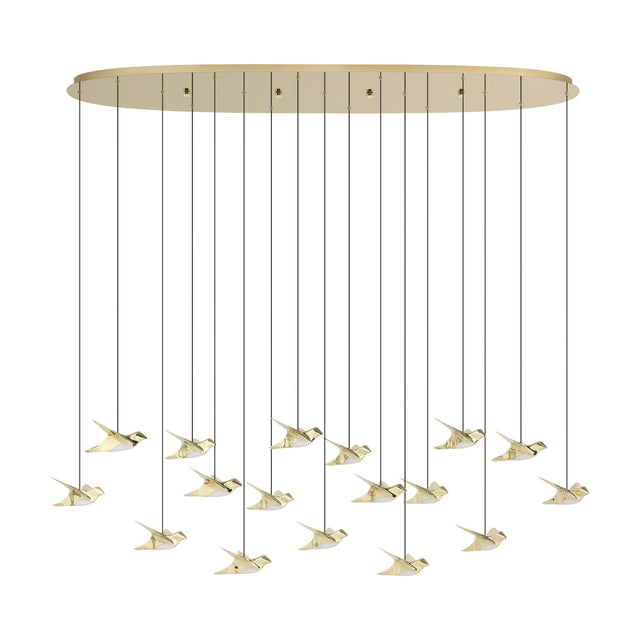 Paratebueno 2 linear pendant light with a long oval brass canopy and seventeen bird-shaped LED shades in brass finish hanging at varied heights, shown on a white background.