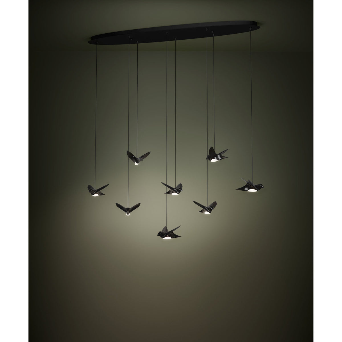 Paratebueno 8 Light Linear Pendant in black, oval ceiling plate with eight cords suspending bird-shaped LED shades at varying heights, shown glowing warm white in a dim room.
