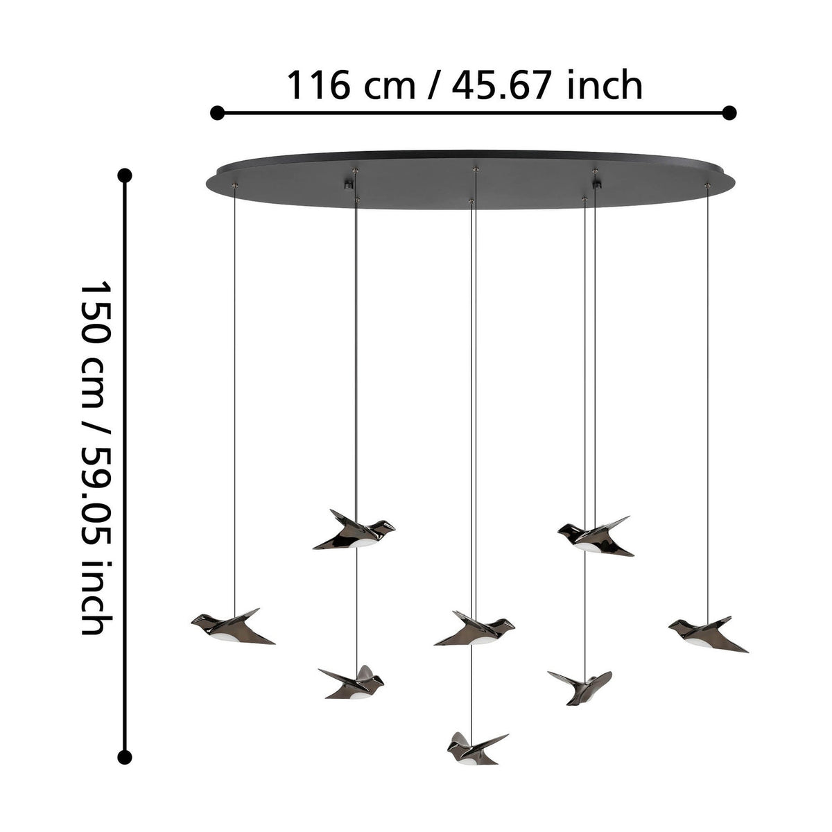 Paratebueno 8 Light Linear Pendant Light in black, oval ceiling plate with eight cords suspending bird-shaped shades in dark nickel-nero finish, shown with size dimensions on a white background.
