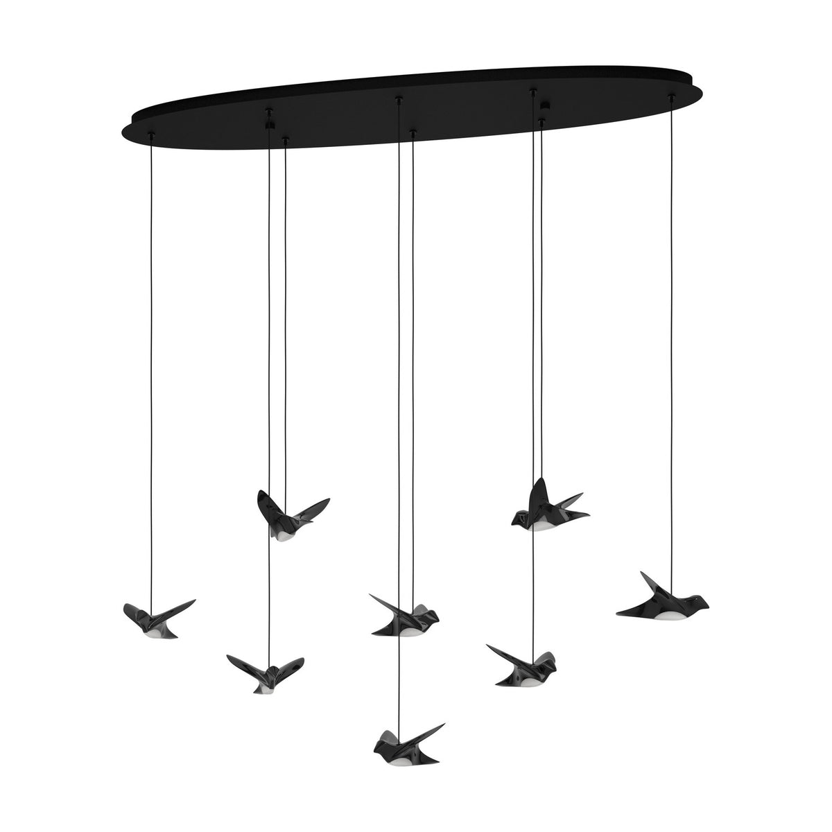 Paratebueno 8 Light Linear Pendant in black, an oval ceiling plate with eight cords suspending bird-shaped LED shades at varying heights on a plain white background.
