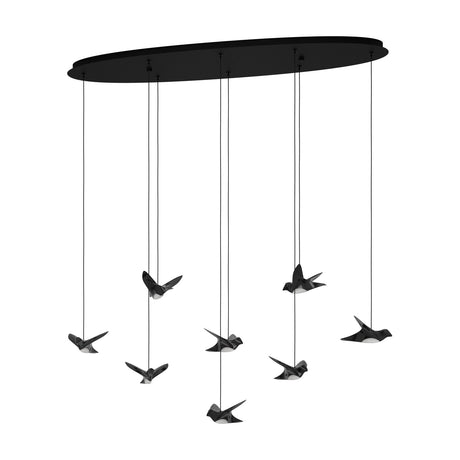 Paratebueno 8 Light Linear Pendant in black, an oval ceiling plate with eight cords suspending bird-shaped LED shades at varying heights on a plain white background.