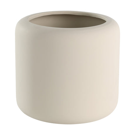 Parkent ceramic plant pot in beige, cylindrical with rounded edges and a thick inward-rolled rim, shown on a plain white background.
