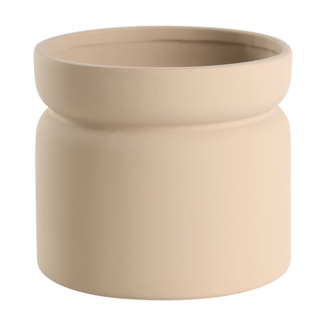 Parkent Ceramic Plant Pot in Sand, a cylindrical planter with a stepped rounded collar rim and matt beige finish, shown on a plain white background.