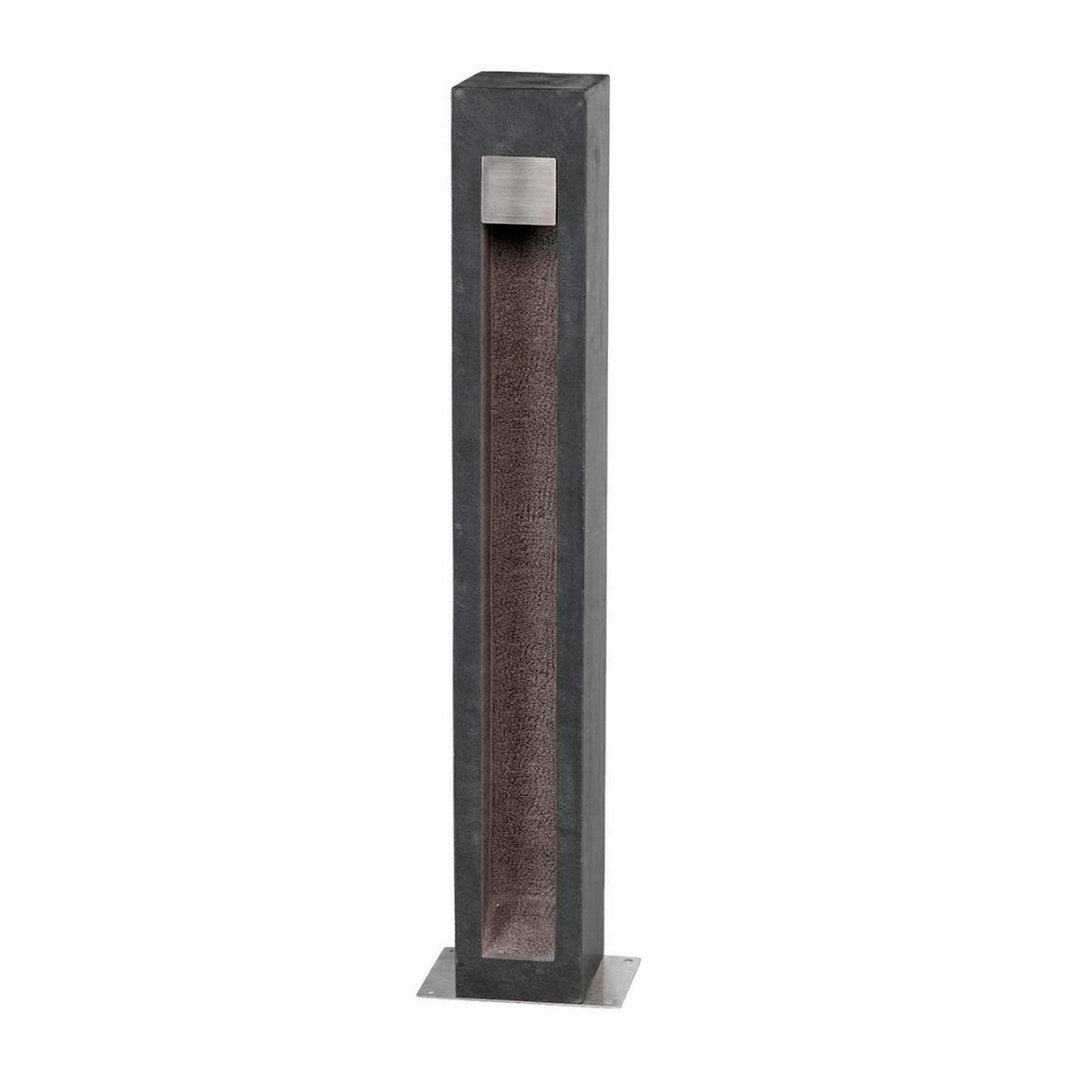 The Parkstone Large LED Bollard features a sleek, modern design with a dark gray body resembling basalt stone. Its rectangular silhouette includes a vertical inset panel and is topped with a small, square metallic cover in stainless steel, channeling contemporary aesthetics effortlessly.