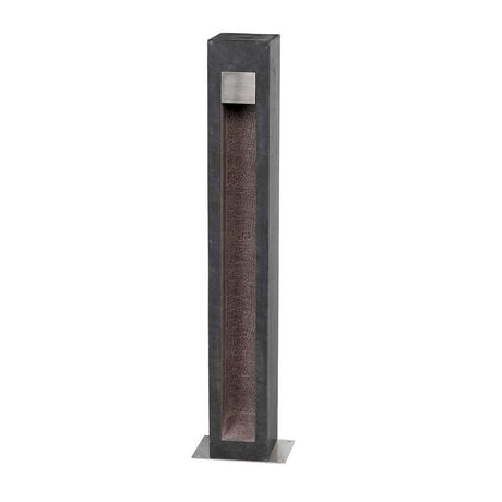 The Parkstone Large LED Bollard features a sleek, modern design with a dark gray body resembling basalt stone. Its rectangular silhouette includes a vertical inset panel and is topped with a small, square metallic cover in stainless steel, channeling contemporary aesthetics effortlessly.