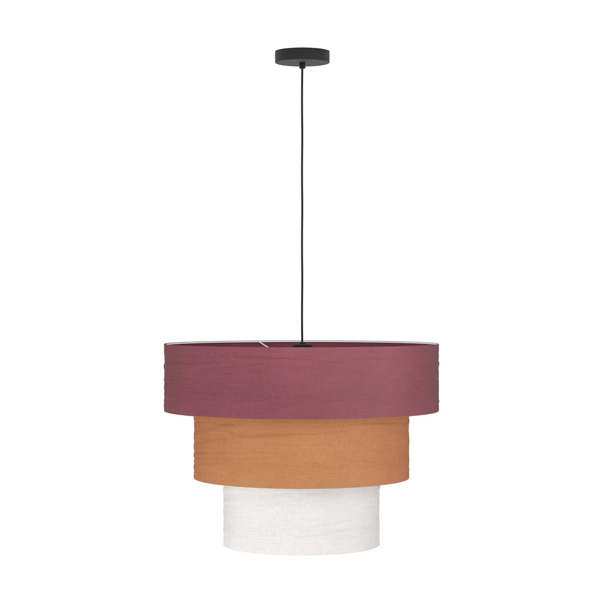 Parogno Fabric Pendant Light with three stacked drum shades in deep red, orange and white, hung on a black cable from a round black ceiling canopy against a plain white background.