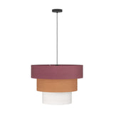 Parogno Fabric Pendant Light with three stacked drum shades in deep red, orange and white, hung on a black cable from a round black ceiling canopy against a plain white background.