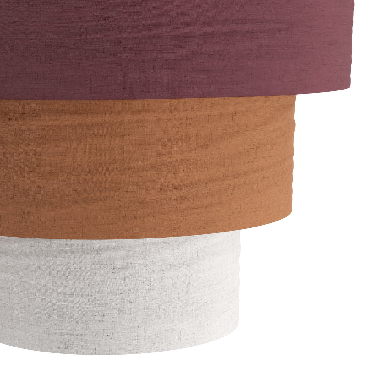 Close-up of the Parogno fabric pendant light showing three stacked drum shades in deep red, orange and white with visible woven texture, on a plain background.