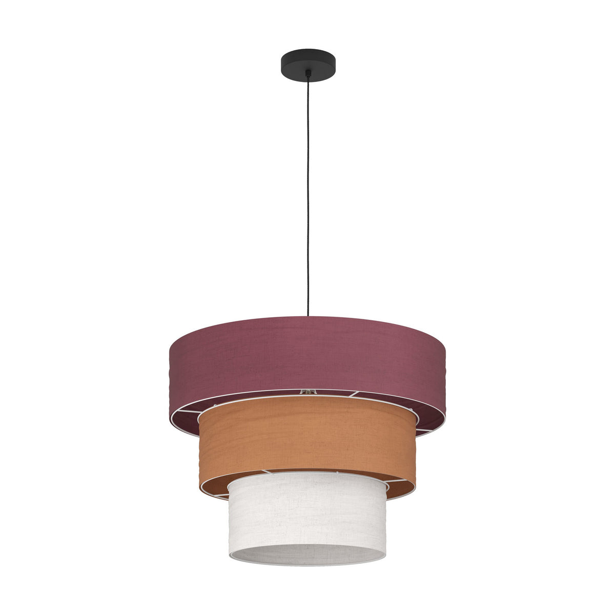 Parogno Fabric Pendant Light with three stacked drum shades in deep red, orange and white, hung from a black cable and round ceiling canopy on a plain white background.
