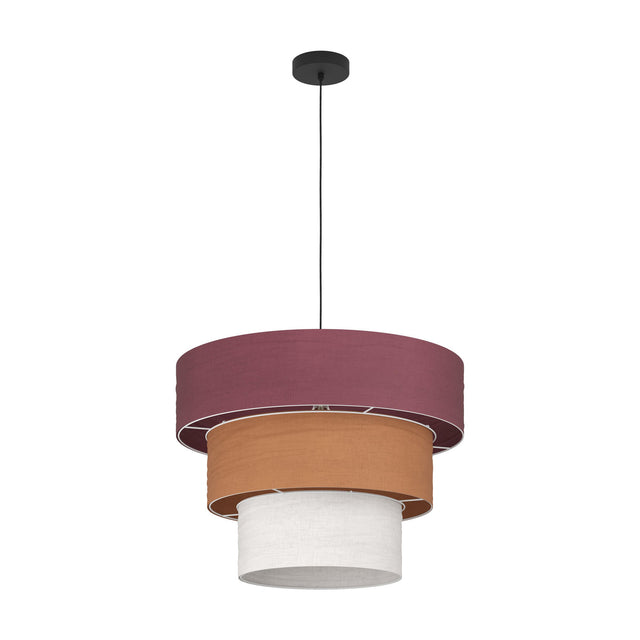 Parogno Fabric Pendant Light with three stacked drum shades in deep red, orange and white, hung from a black cable and round ceiling canopy on a plain white background.