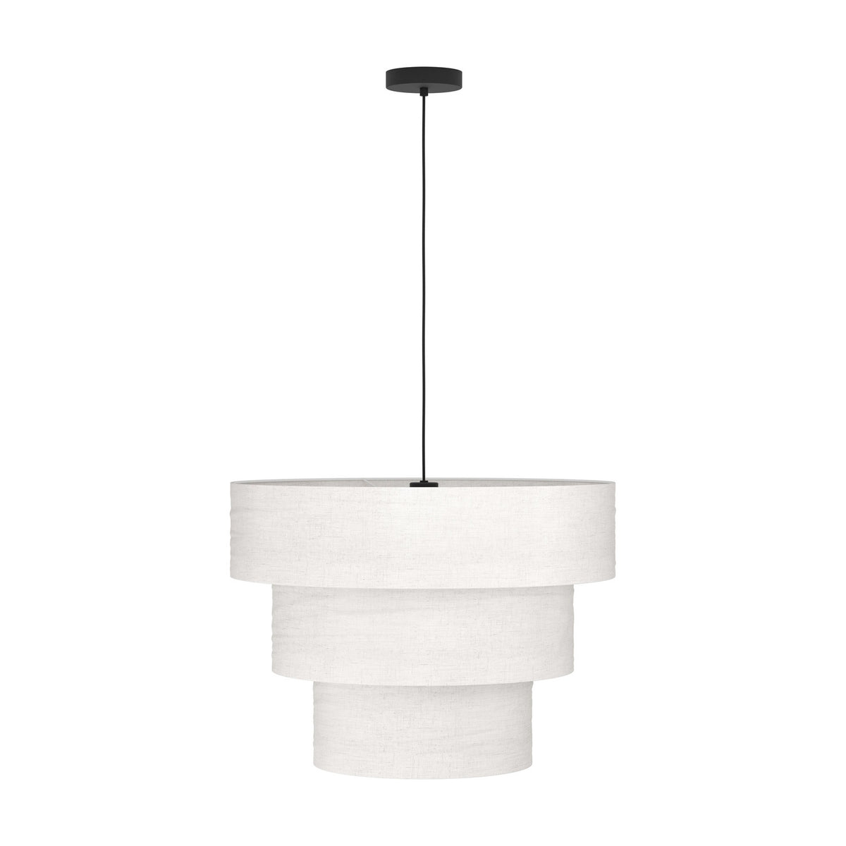 Parogno fabric pendant light with a three-tier stepped shade in cream fabric, suspended from a black steel ceiling canopy on a slim black cord, shown on a plain white background.