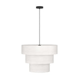 Parogno fabric pendant light with a three-tier stepped shade in cream fabric, suspended from a black steel ceiling canopy on a slim black cord, shown on a plain white background.