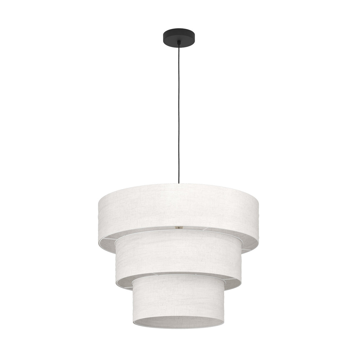 Parogno fabric pendant light with a three-tier white drum shade stepping down in width, suspended from a black ceiling canopy on a black cord, shown on a plain white background.