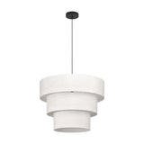 Parogno fabric pendant light with a three-tier white drum shade stepping down in width, suspended from a black ceiling canopy on a black cord, shown on a plain white background.