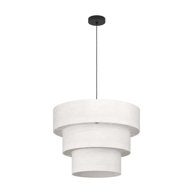 Parogno fabric pendant light with a three-tier white drum shade stepping down in width, suspended from a black ceiling canopy on a black cord, shown on a plain white background.