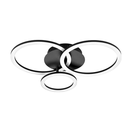 Parrapos Smart LED Flush Ceiling Light featuring two overlapping large rings and one smaller ring with white diffusers, black steel frame and mounting plate, shown on a plain white background.
