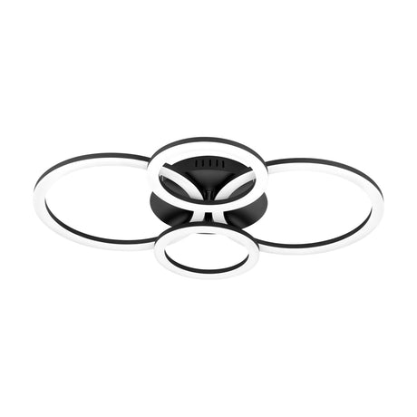 Parrapos Smart LED Flush Ceiling Light with four interlocking rings of varying sizes, black steel frame and white plastic diffusers, shown on a plain white background.