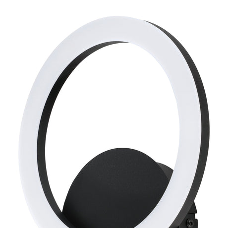 Parrapos Smart LED Wall Light in black, close-up of the white ring diffuser mounted on a round black steel wall plate, shown against a plain white background.