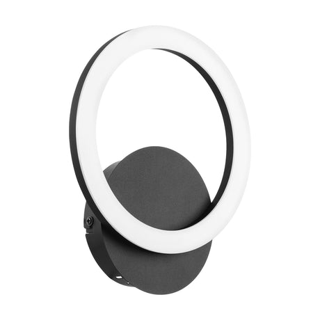 Parrapos Smart LED Wall Light in black, featuring a round white illuminated ring mounted on a circular black steel wall plate, shown against a plain white background.
