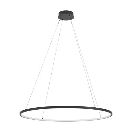 Parruta Pendant Light in black, a slim 99cm ring with white diffuser underside, suspended on four fine wires from a round ceiling canopy, shown on a plain white background.