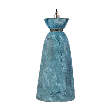 Parva ceramic pendant light in Blue Earth glaze, tapered bell-shaped shade with crackled texture, flared top cup, twisted silver band, black cable, IP44, on a plain white background.