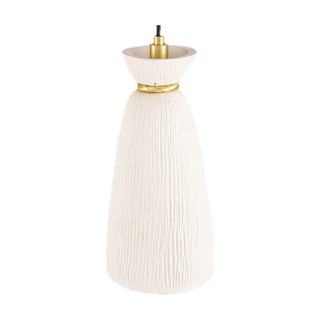 Parva ceramic pendant light in Matt White Striped glaze, tapered body with fine vertical ridges, brass twisted rope ring at the neck and flared top cup, shown on a plain white background.