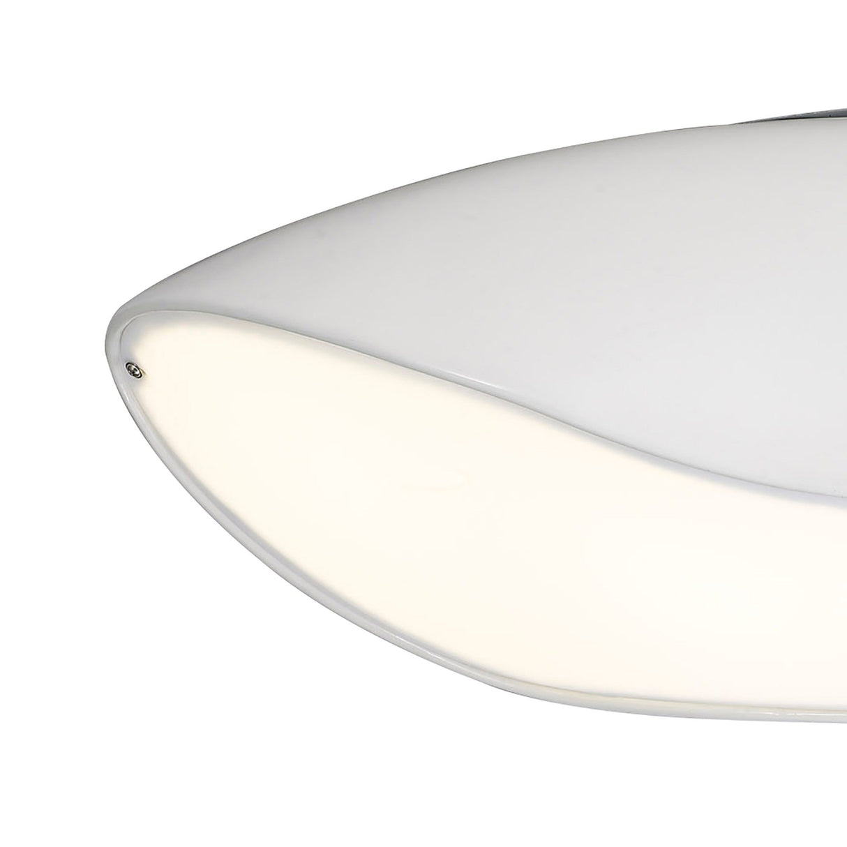 Close-up of the Mantra Pasion 4 Light flush ceiling light showing the curved gloss white fibreglass body and opal acrylic diffuser edge.