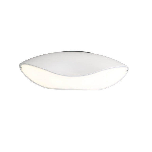 Mantra Pasion 4 Light flush ceiling light in gloss white with curved sculptural fibreglass body and opal acrylic diffuser, on a plain background.