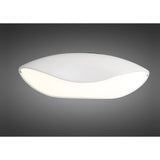 Mantra Pasion 4 light flush ceiling light with a curved gloss white fibreglass body and opal acrylic diffuser, shown against a grey background.