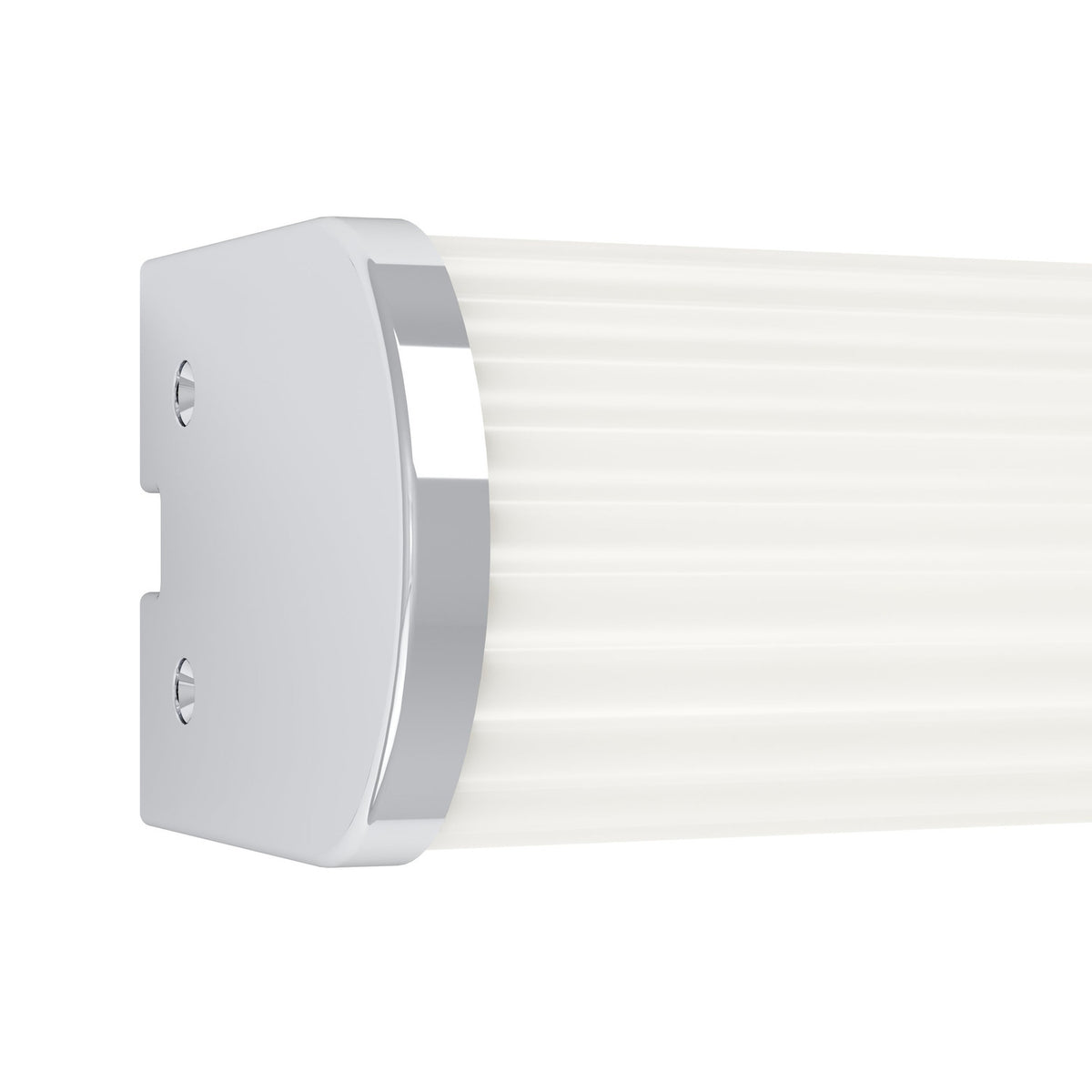 Patrovaro LED Bathroom Mirror Light 60cm, close-up of chrome end cap with screw fixings on a fluted white plastic shade, set against a plain white background.