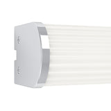 Patrovaro LED Bathroom Mirror Light 60cm, close-up of chrome end cap with screw fixings on a fluted white plastic shade, set against a plain white background.