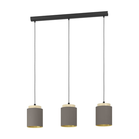 Pavessa three-light linear pendant with black steel ceiling bar, cylindrical cappuccino brown fabric shades, gold lining and pale wood caps, shown on a plain white background.