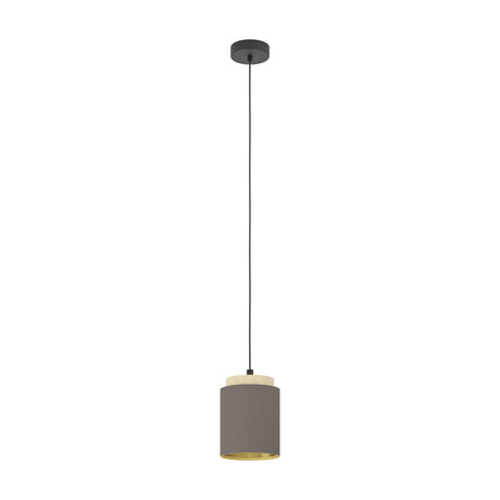 Pavessa fabric pendant light with a cylindrical brown shade, gold interior and pale wood band, hung from a black steel canopy and cord on a white background.