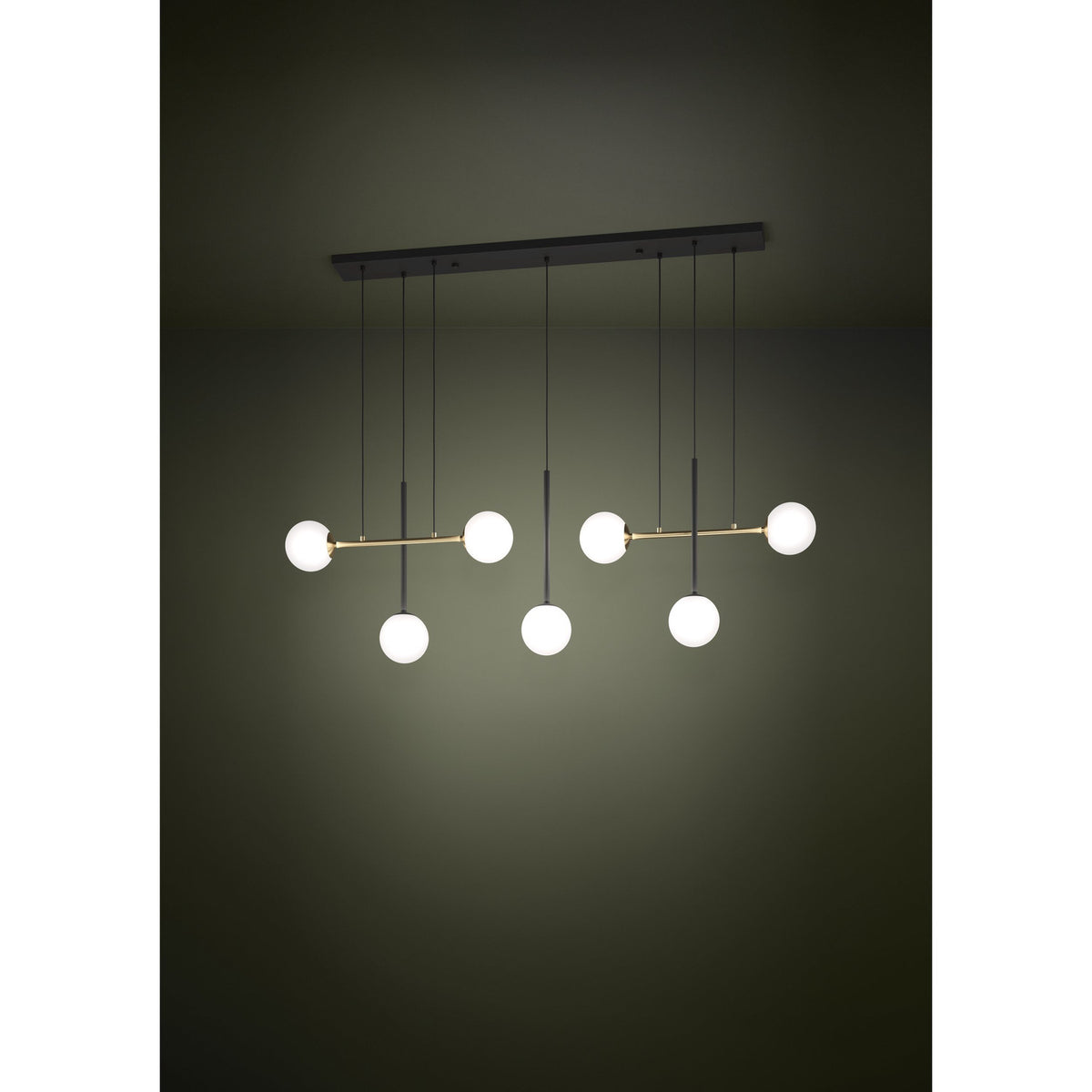 Paz Glass 7 Light Linear Pendant Light - Black & Brushed Brass