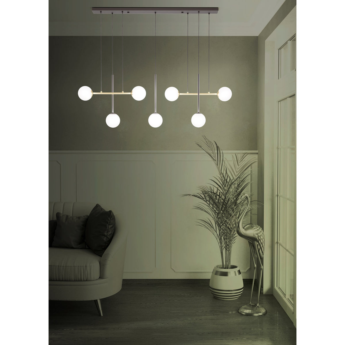 Paz Glass 7 Light Linear Pendant Light - Black & Brushed Brass
