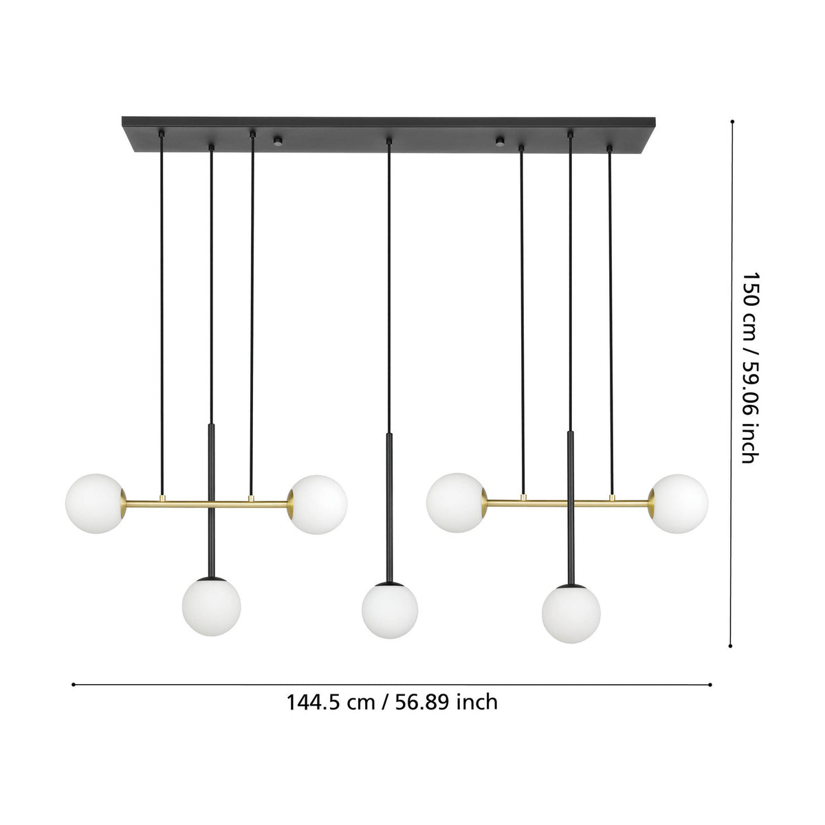 Paz Glass 7 Light Linear Pendant Light - Black & Brushed Brass