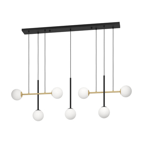 Paz Glass 7 Light Linear Pendant Light in black and brushed brass, with white opal glass globes on two brass bars and three slim black rods at varying heights, shown on a plain white background.
